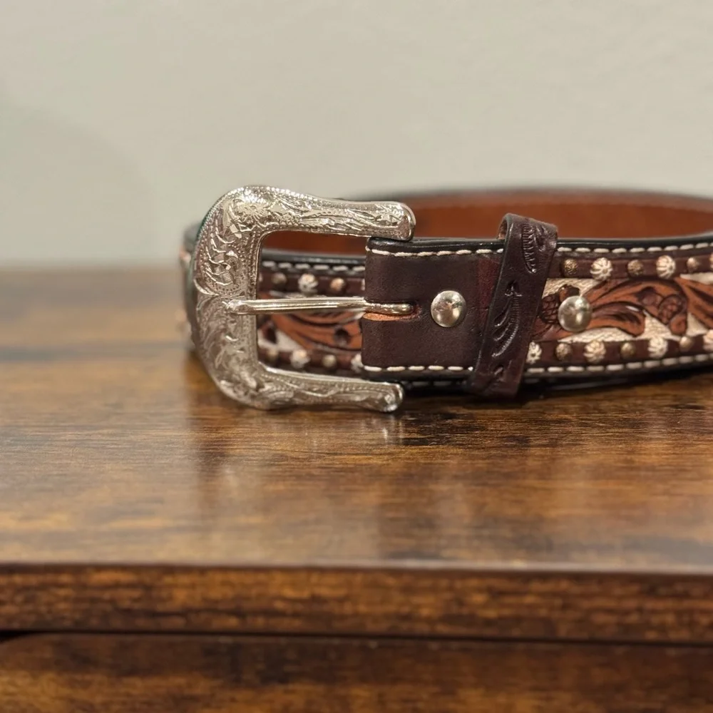 Twisted X Western Leather Belt Tooled Floral Studded Brown XL